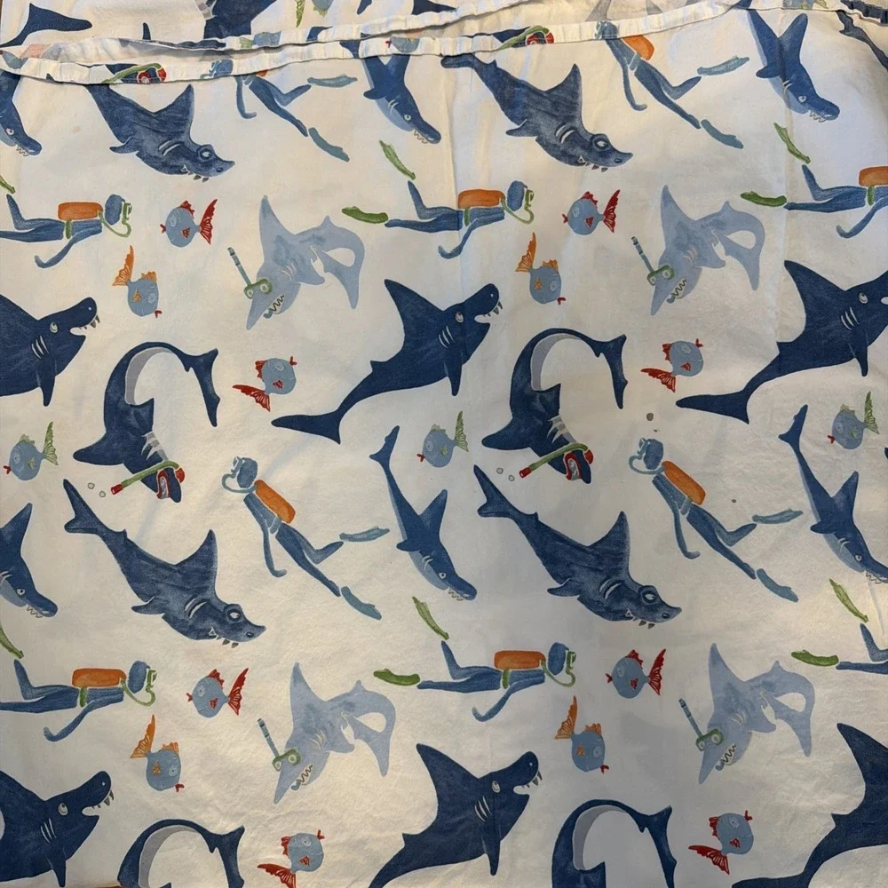 TWIN POTTERY BARN Kids shark scuba diver FLAT bed sheet COTTON